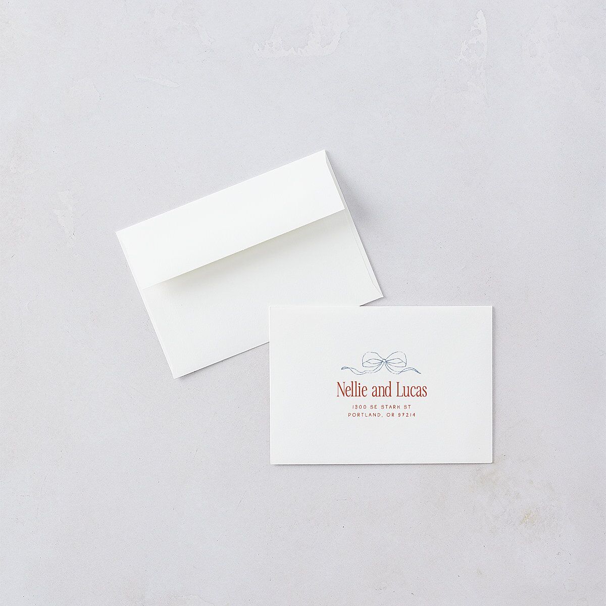 Modern Delicate Bows Response Card Envelopes Jewel Red White Return Address Signature Standard