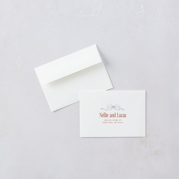 Modern Delicate Bows Response Card Envelopes Jewel Red White Return Address Signature Standard