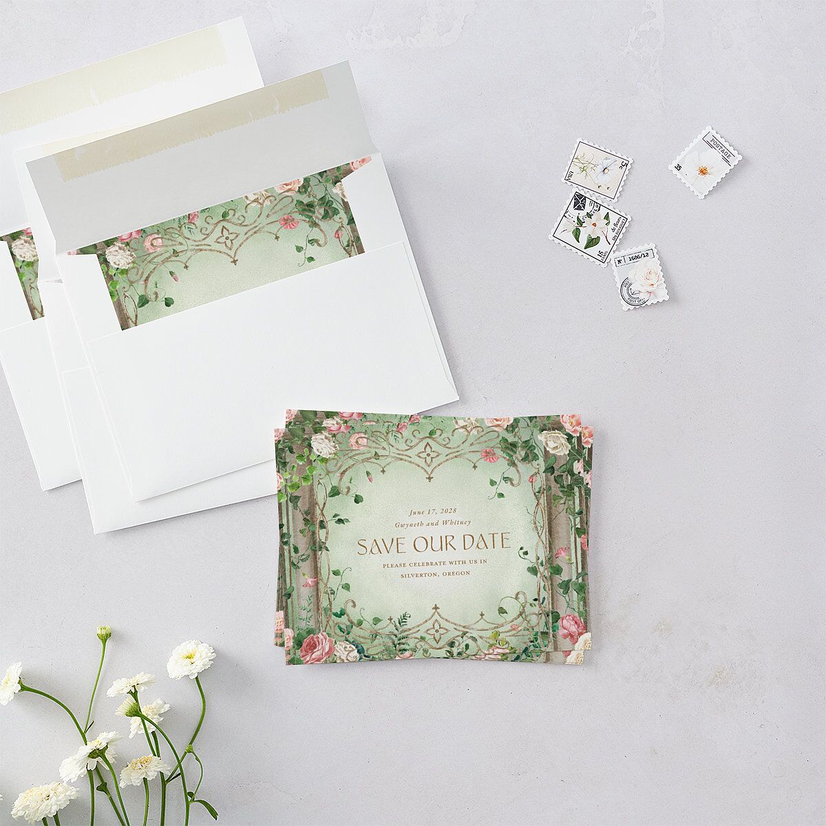 Fairytale Garden Save the Date Petite Cards Sage Signature smooth Blank No Standard