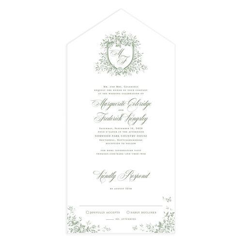 Elegant Rose Crest All-in-One Wedding Invitations Deep Olive Signature Light Both Recipient and Return Addresses No