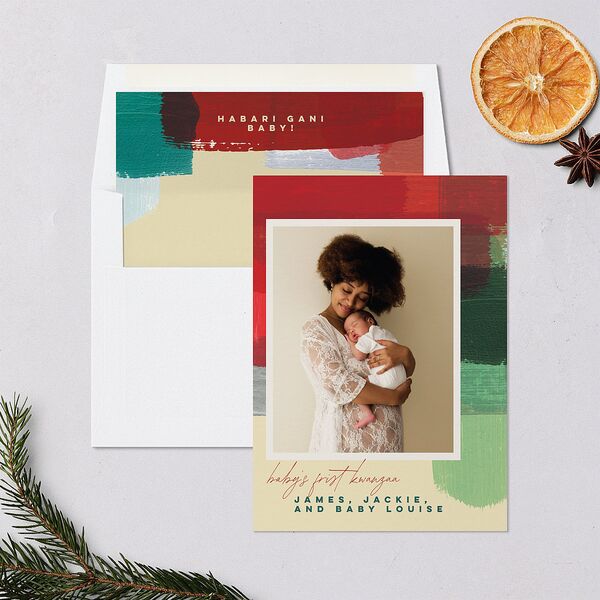 Baby's First Kwanza Painted Watercolor Holiday Cards Red Clay Signature Blank Portrait Standard