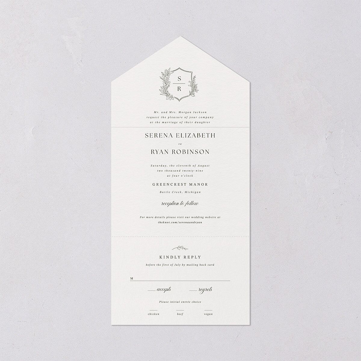 Elegant Garland Crest All-in-One Wedding Invitations Dark Camo Signature Light Both Recipient and Return Addresses No