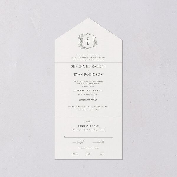 Elegant Garland Crest All-in-One Wedding Invitations Dark Camo Signature Light Both Recipient and Return Addresses No