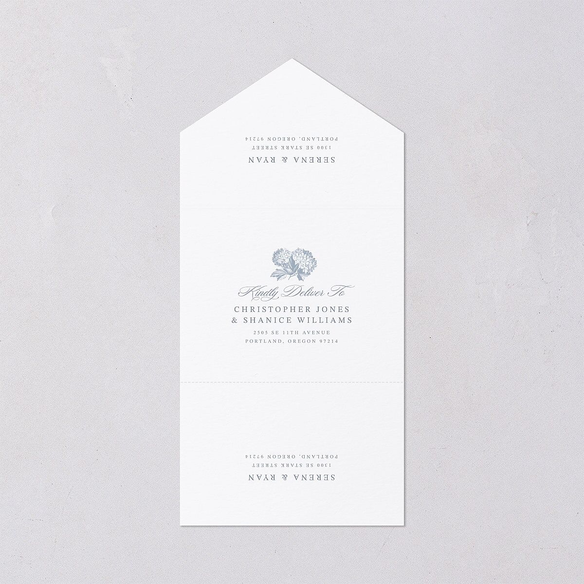 Vintage Hydrangea Garden Crest All-in-One Wedding Invitations Slate Signature Light Both Recipient and Return Addresses No