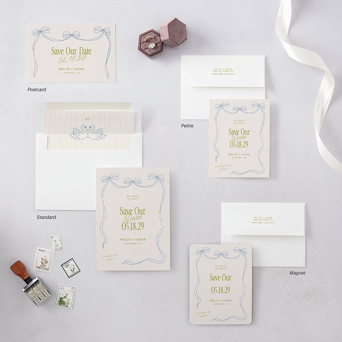 Modern Delicate Bows Save the Date Cards Peridot Signature smooth Blank No Standard