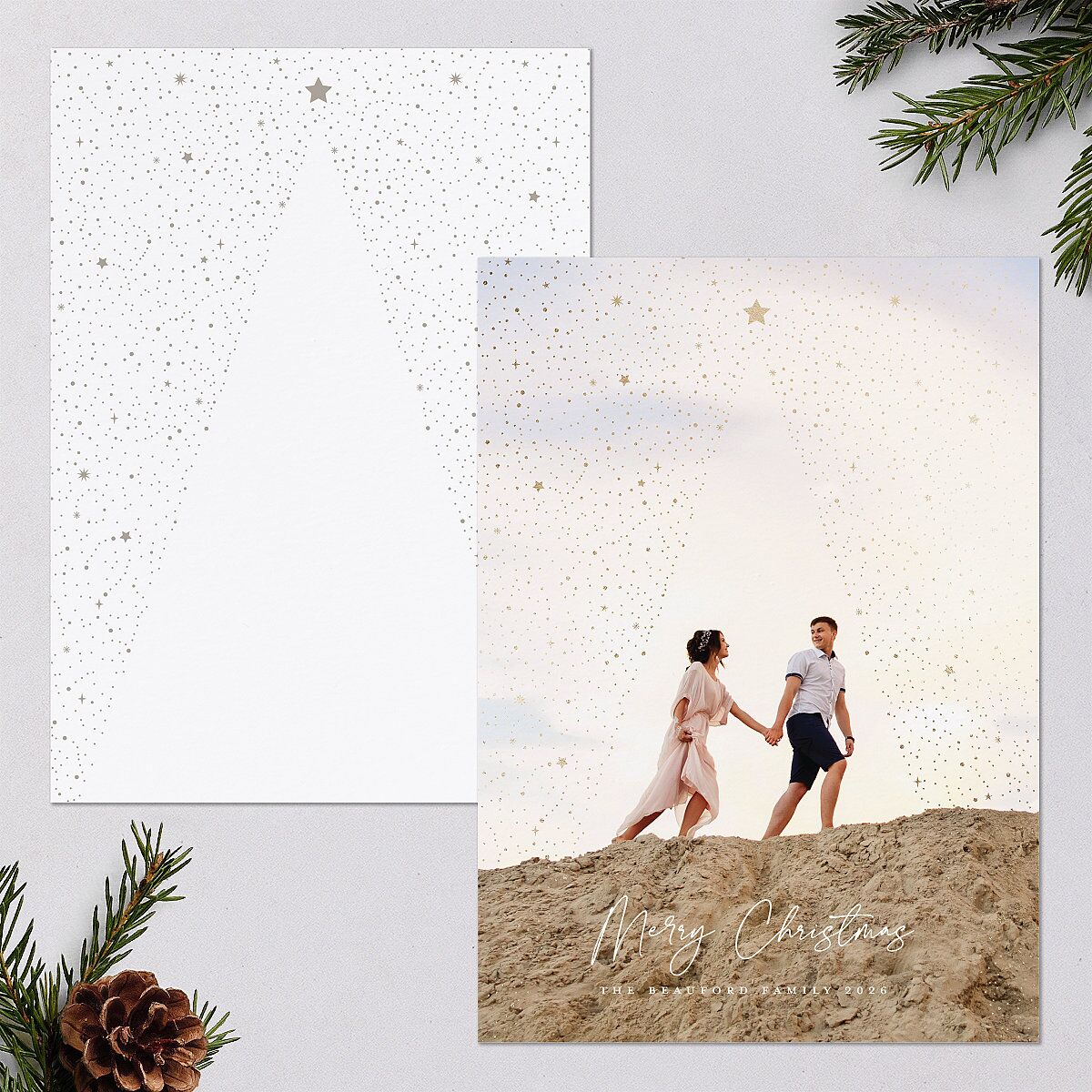 Sparkle Tree Holiday Cards Gold Pure White Signature Blank Standard Portrait