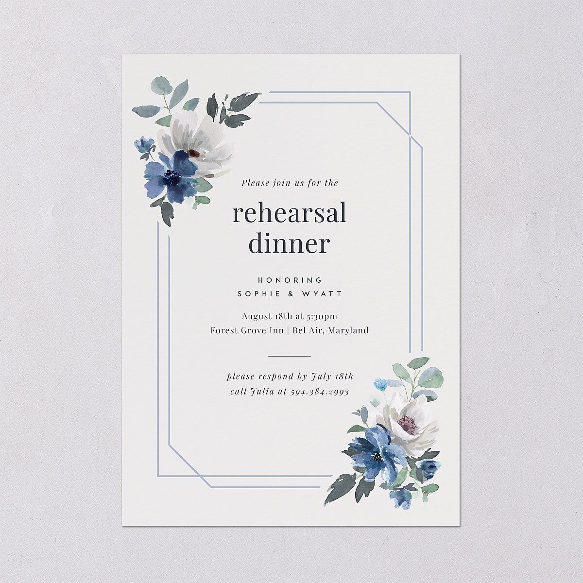 Floral Frame Rehearsal Dinner Invitations Regency Blue Signature Blank Standard