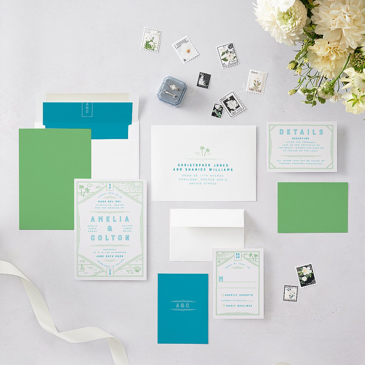 Iconic Beach Wedding Invitations Green Apple Signature Blank No Standard