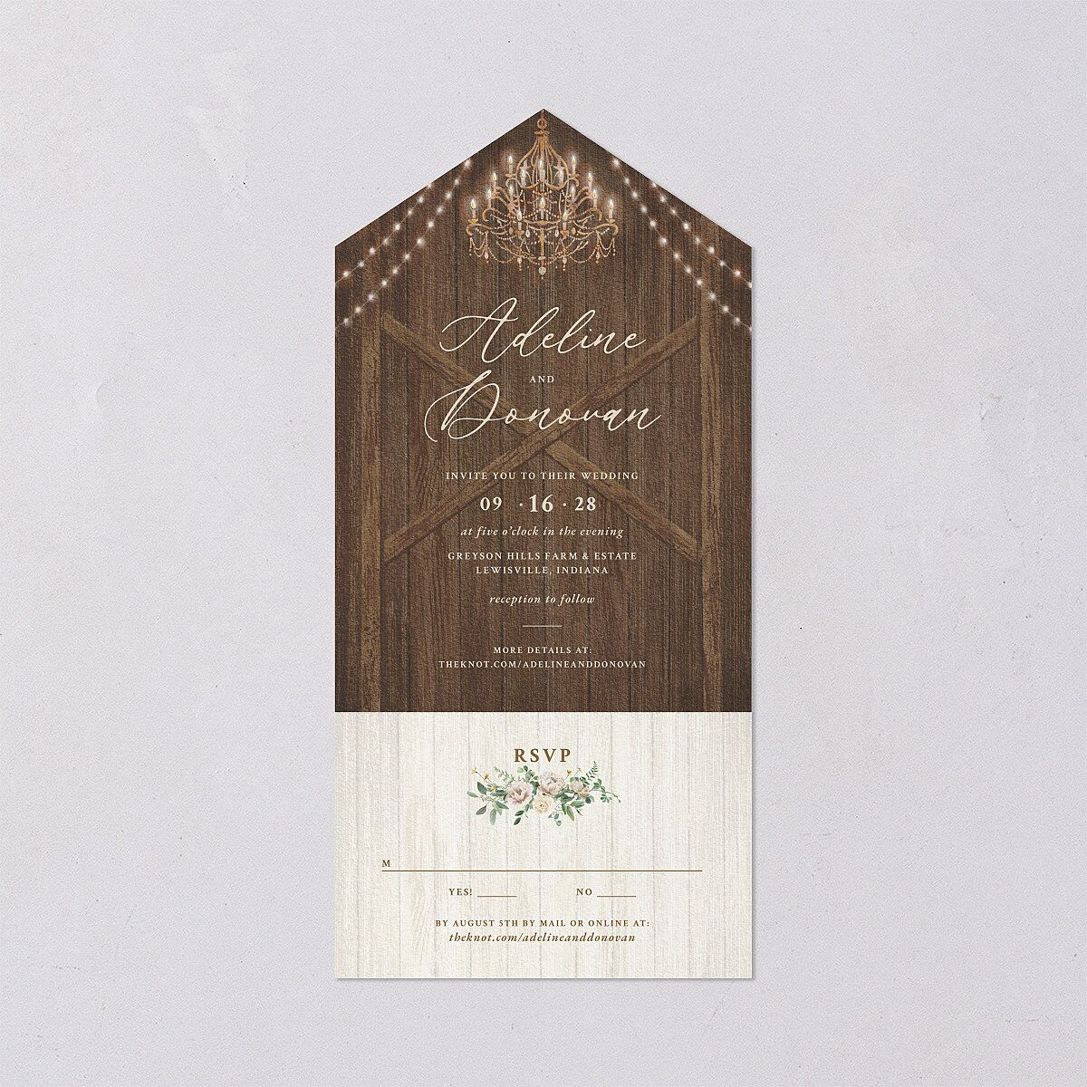 Farmhouse Lights All-in-One Wedding Invitations Walnut Signature Light Both Recipient and Return Addresses No
