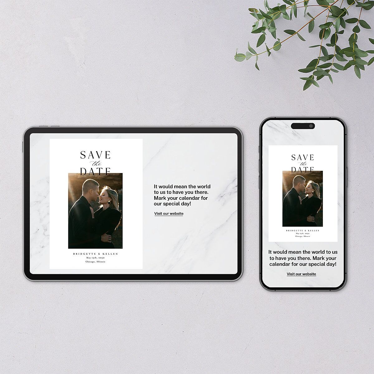 Timeless Typography Digital Save the Date Cards Pure White Dusty Blue Lets Celebrate Standard