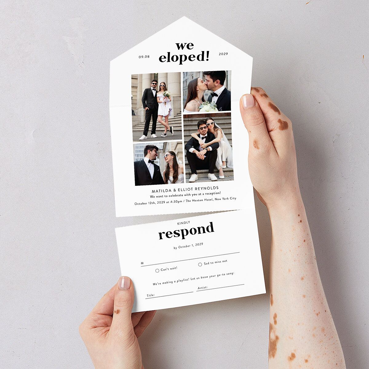 Photo Elopement All-in-One Wedding Invitations Pure White Signature Light Both Recipient and Return Addresses No