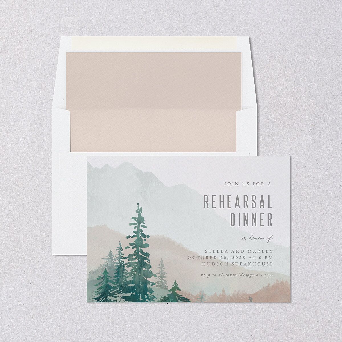 Painted Mountains Rehearsal Dinner Invitations Eucalyptus Signature Blank Standard