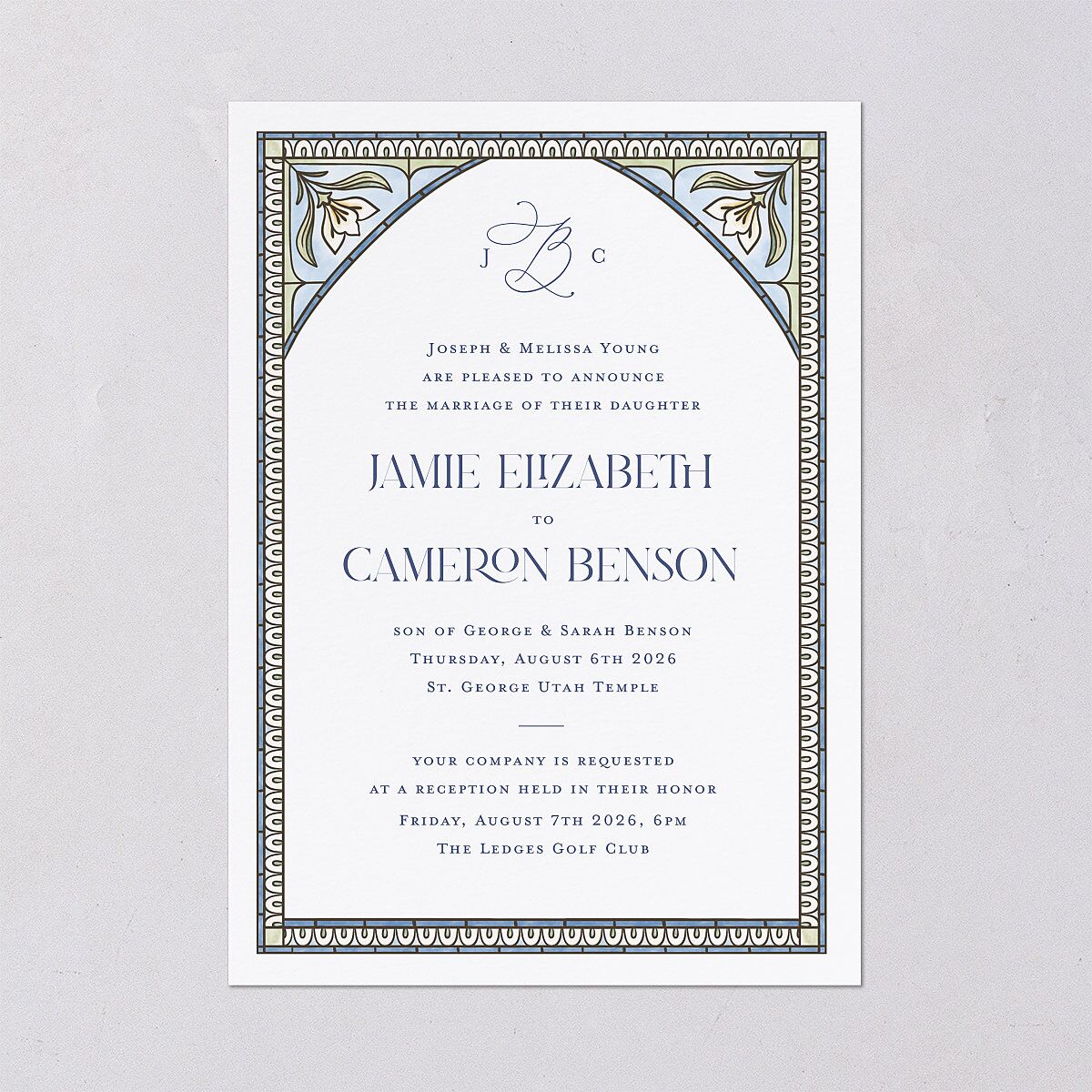 Church Stained Glass Wedding Invitations Moody Blue Signature Blank No Standard