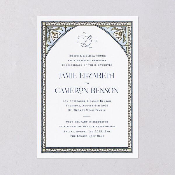 Church Stained Glass Wedding Invitations Moody Blue Signature Blank No Standard