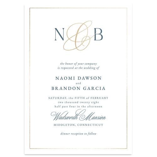 Romantic Ampersand Foil Wedding Invitations Regency Blue Gold Signature Blank No
