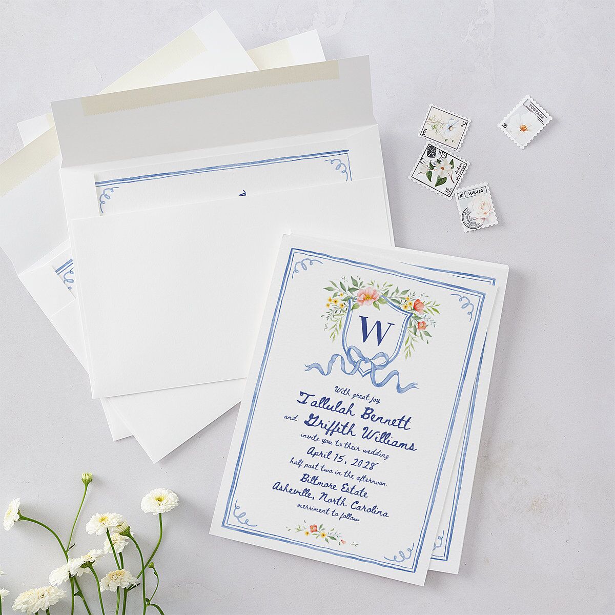 Countryside Crest Wedding Invitations Royal Blue Signature Blank No Standard