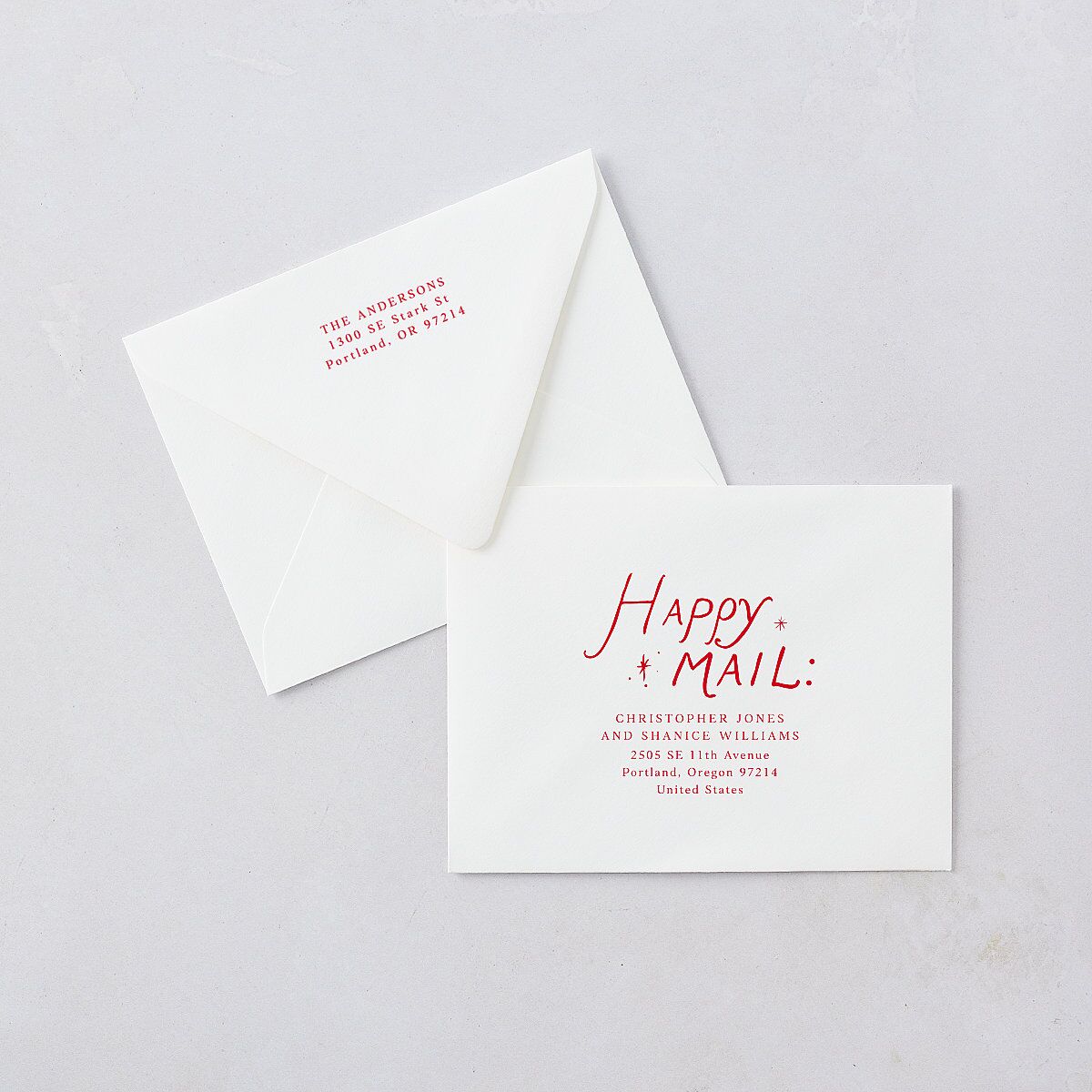 Whimsical Holiday Handwritten Thank You Card Euro Envelopes White Ruby Both Recipient and Return Addresses Luxe Signature