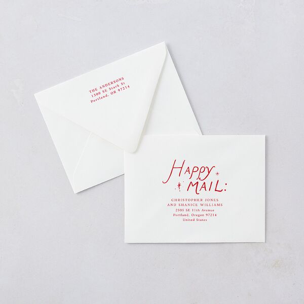 Whimsical Holiday Handwritten Thank You Card Euro Envelopes White Ruby Both Recipient and Return Addresses Luxe Signature
