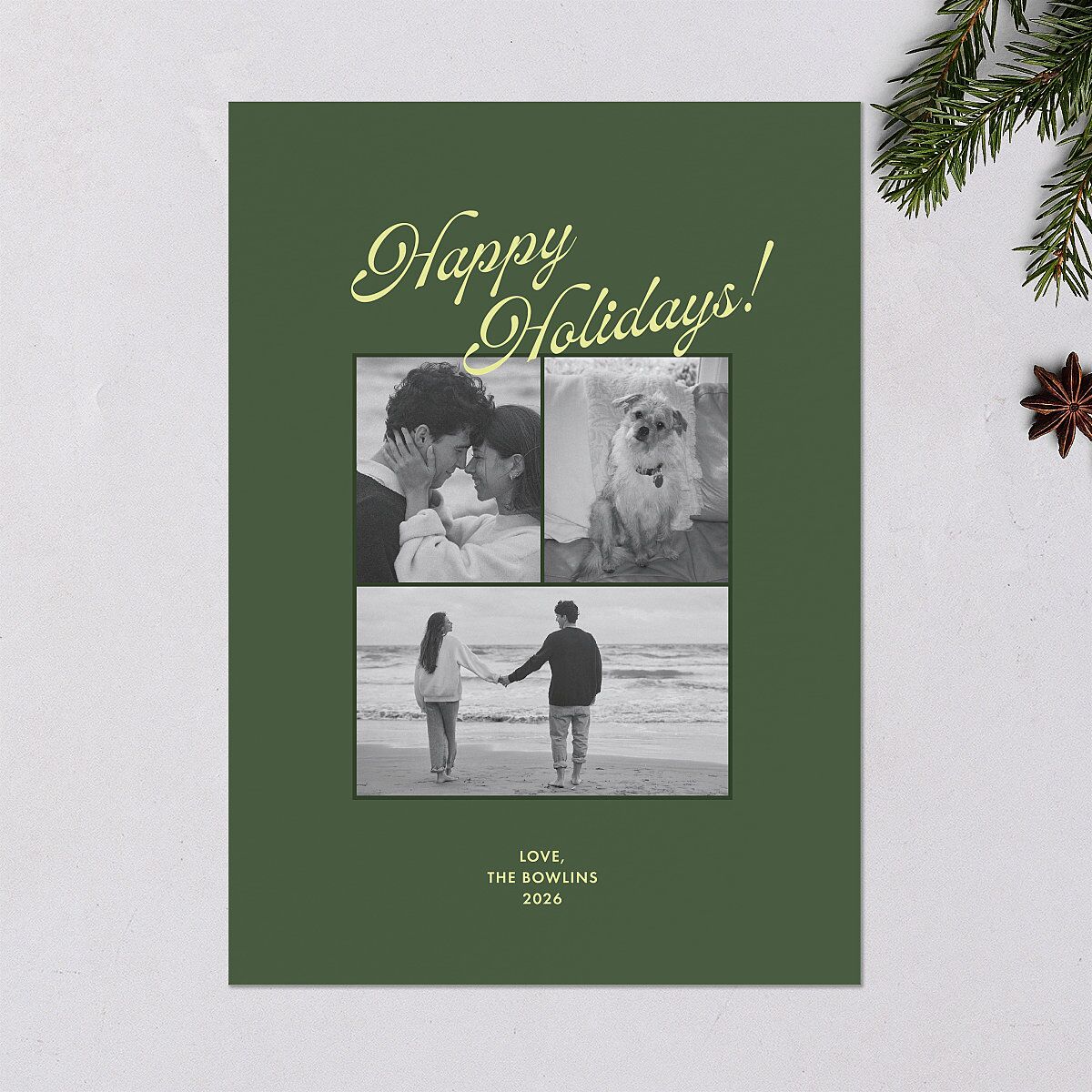 Retro Minimalist Photo Triad Holiday Cards Scottish Green Signature Blank Standard