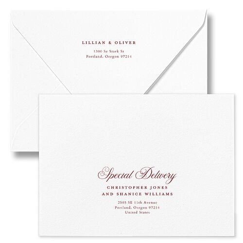 Traditionally Classic Wedding Invitation Euro Envelopes Merlot White Recipient Address Luxe Signature