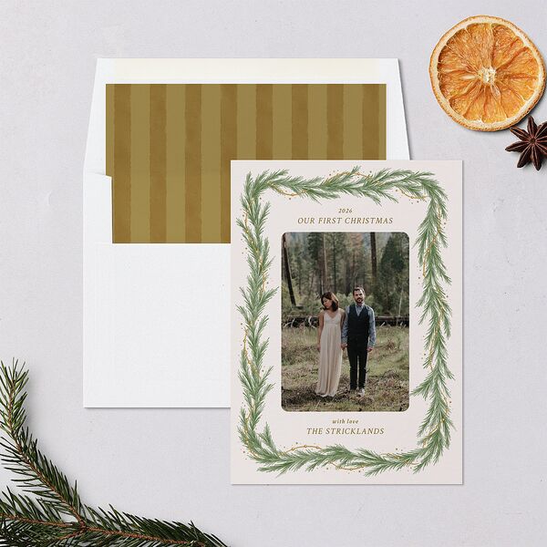 Rustic Garland Newlyweds First Christmas Holiday Cards Linen Signature Blank Standard