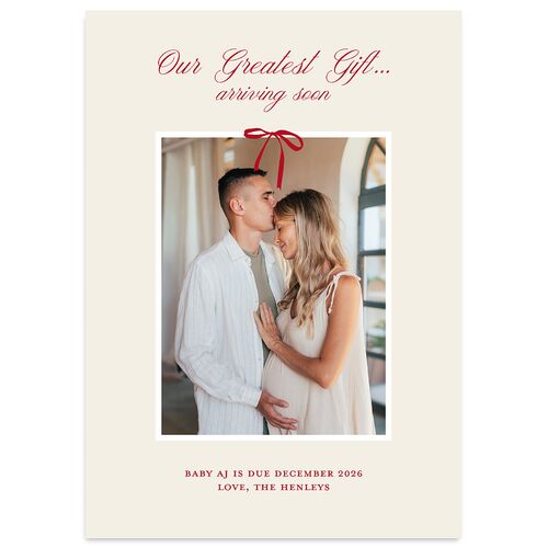 Our Greatest Gift Minimalist Bow Baby Announcement Holiday Cards Cream Signature Blank Portrait  Standard