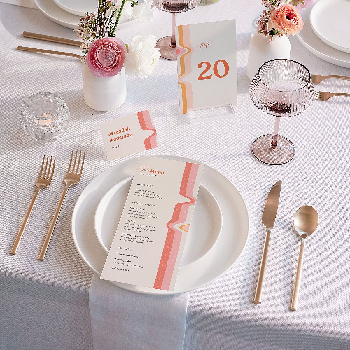 Groovy Lines Place Cards Coral Pink Signature