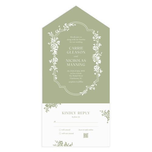 Fairytale Lace Floral Frame All-in-One Wedding Invitations Moss Signature Light Both Recipient and Return Addresses No