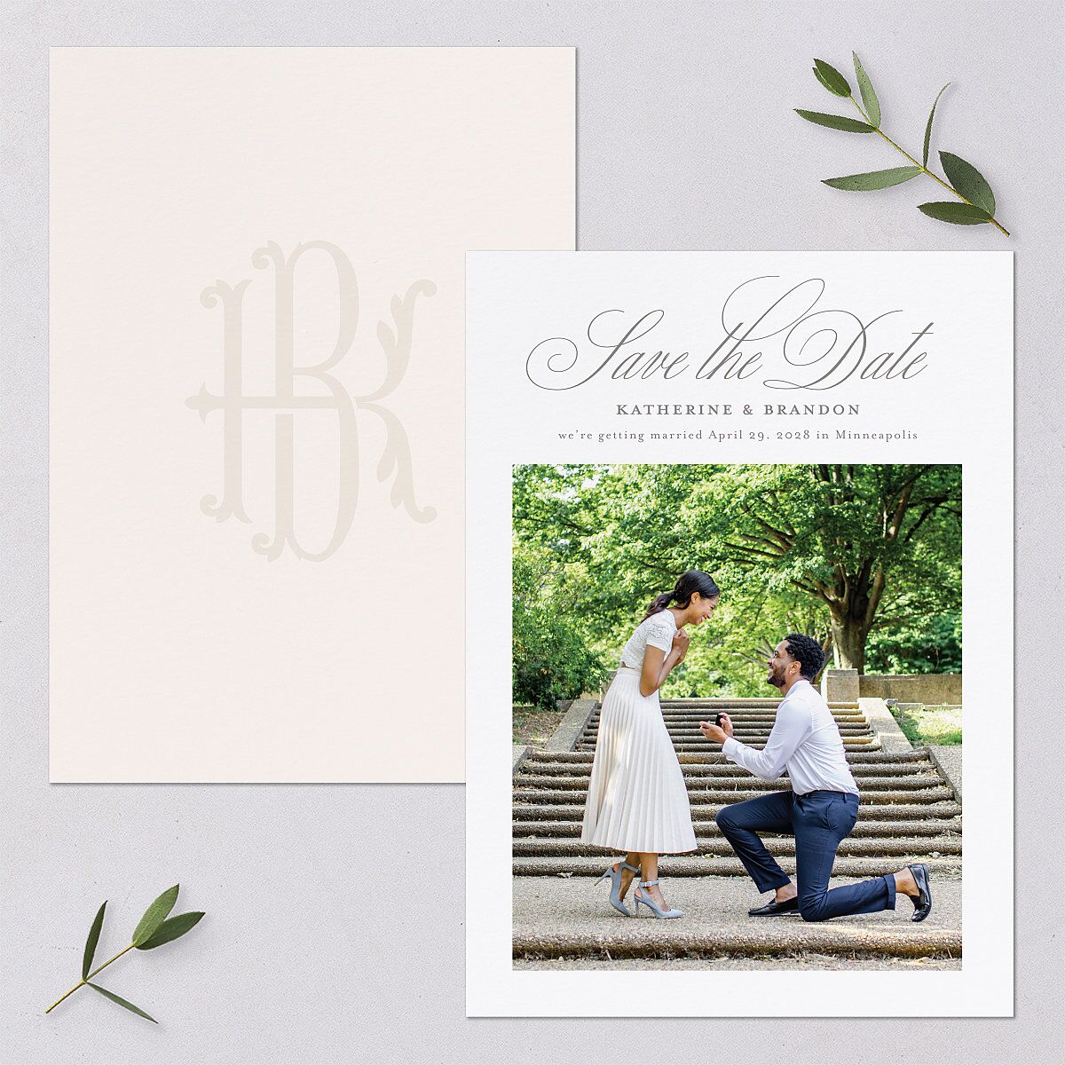 Luxury Floral Monogram Save the Date Cards Cotton Signature smooth Blank No Standard