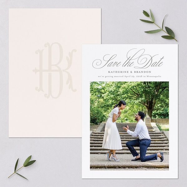 Luxury Floral Monogram Save the Date Cards Cotton Signature smooth Blank No Standard