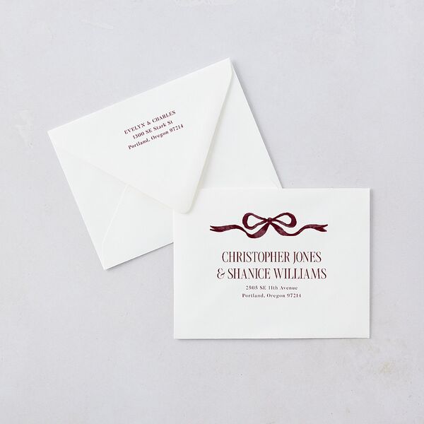 Whimsical Hand Drawn Bow Save the Date Petite Card Euro Envelopes White Burgundy Both Recipient and Return Addresses Luxe Signature