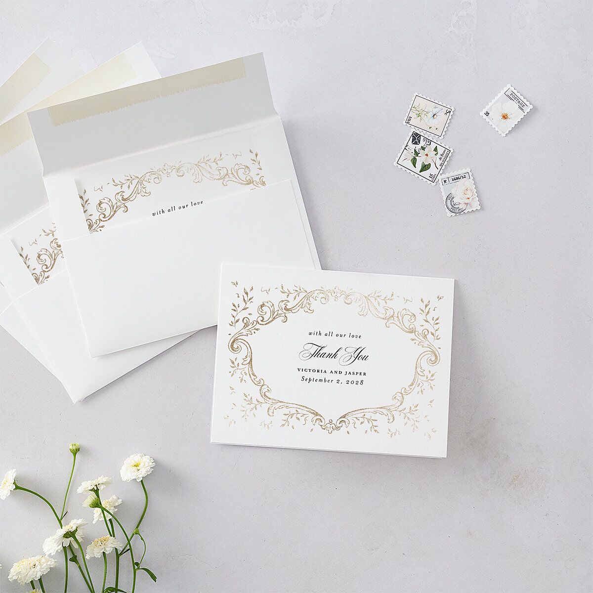 Formal Opulent Frame Foil Thank You Cards Pure White Gold
