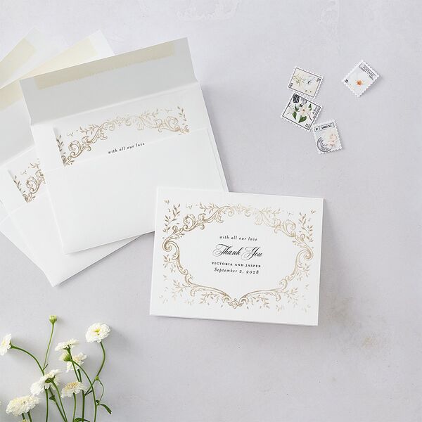 Formal Opulent Frame Foil Thank You Cards Pure White Gold