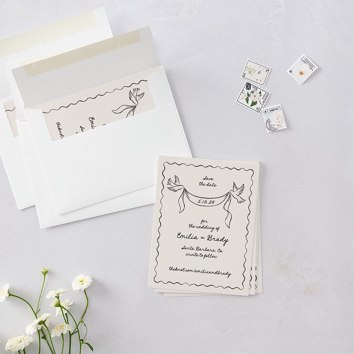 Vintage Lovebird Banner Save the Date Petite Cards Linen Signature smooth Blank No Standard
