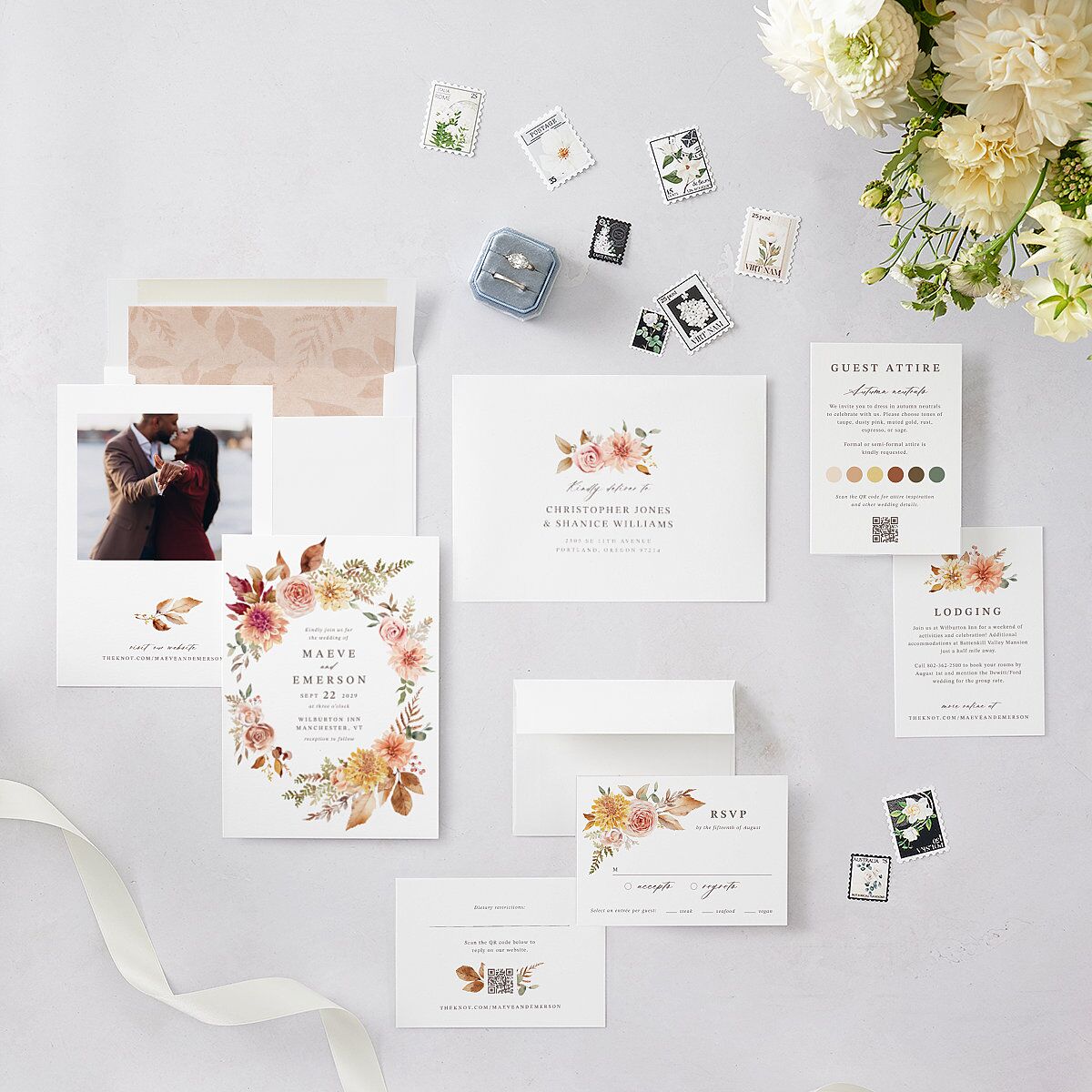 Elegant Botanical Autumn Floral Wedding Invitations Soft Peach Signature Blank No Standard