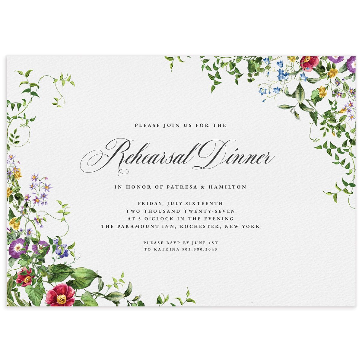 Opulent Garden Foil Rehearsal Dinner Invitations