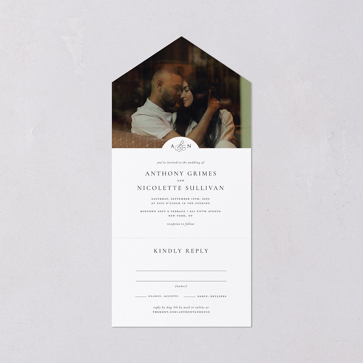 Elegant Photo Monogram All-in-One Wedding Invitations Pure White Signature Light Both Recipient and Return Addresses No