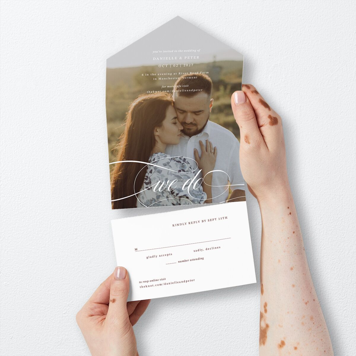 Photo Vow All-in-One Wedding Invitations Burgundy Signature Light Both Recipient and Return Addresses No