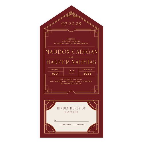 Vintage Hollywood All-in-One Wedding Invitations Maroon Signature Light Both Recipient and Return Addresses No