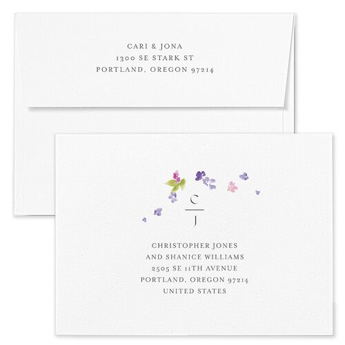 Scattered Blossoms Wedding Invitation Envelopes White Amethyst Both Recipient and Return Addresses Standard Signature