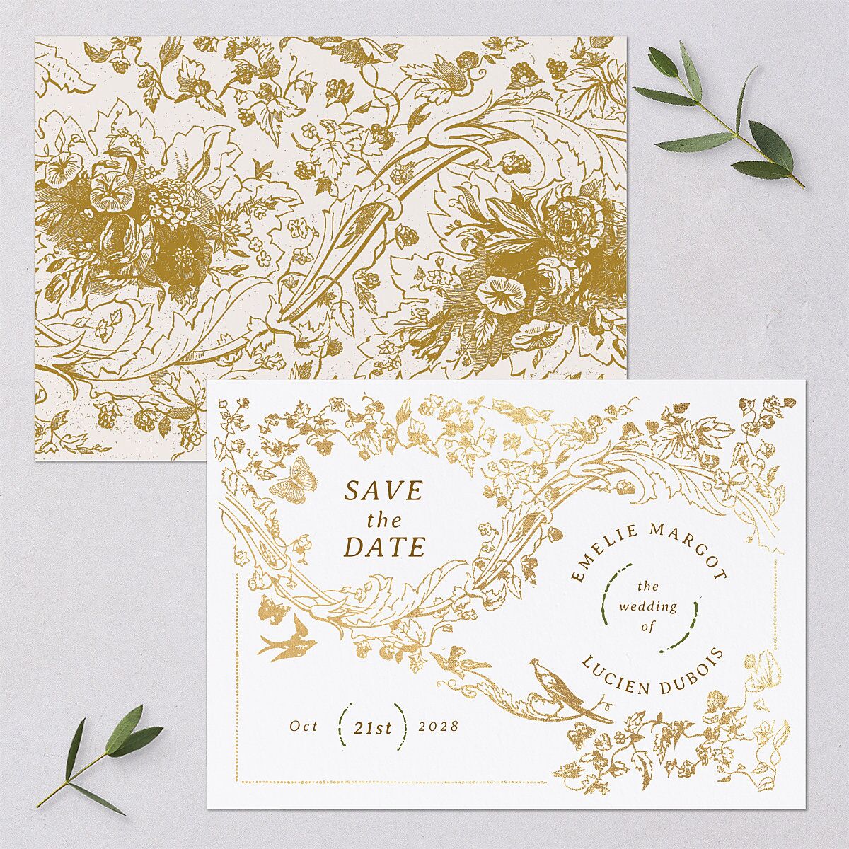 Vintage Toile Foil Save the Date Cards Gold Marigold Signature smooth Blank No