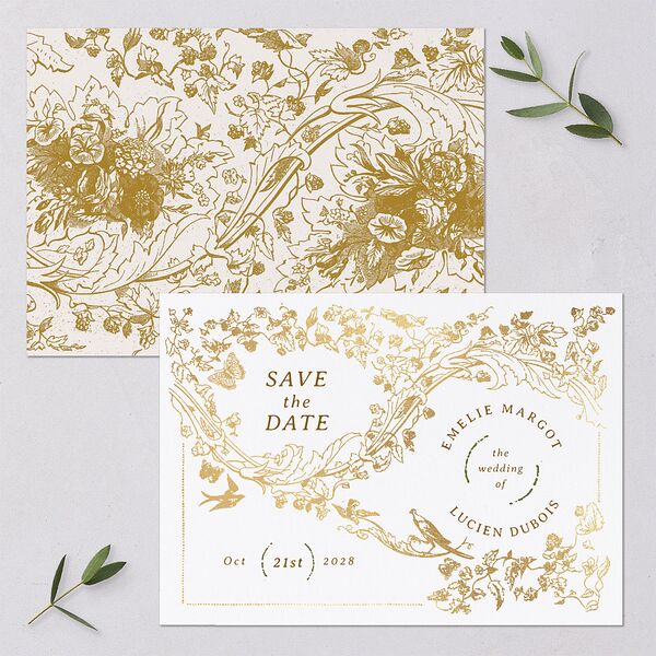 Vintage Toile Foil Save the Date Cards Gold Marigold Signature smooth Blank No