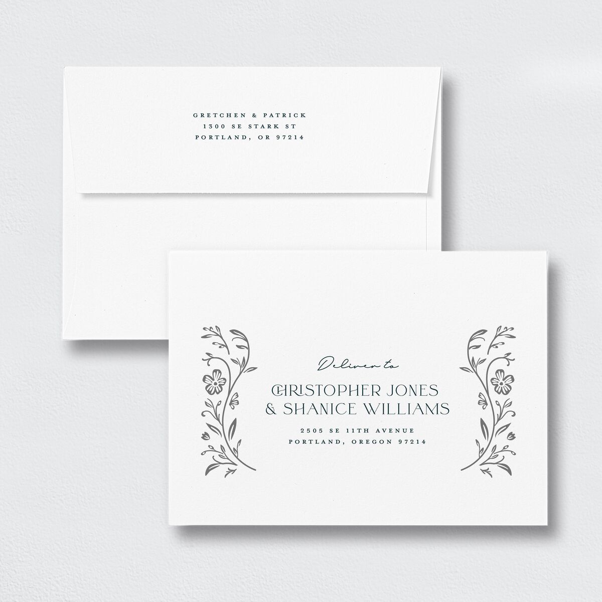 Ornate Storybook Wedding Invitation Envelopes White Standard Dark Emerald Both Recipient and Return Addresses Signature