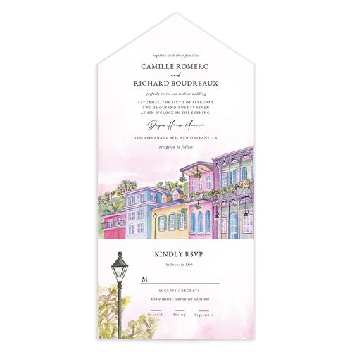 New Orleans All-in-One Wedding Invitations Peony Signature Light Both Recipient and Return Addresses No