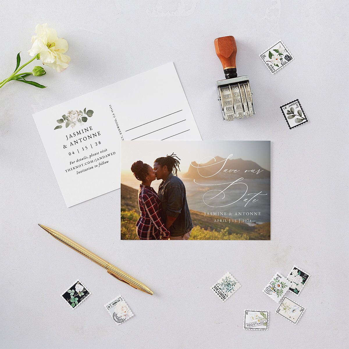 Romantic Roses Save The Date Postcards Off-White