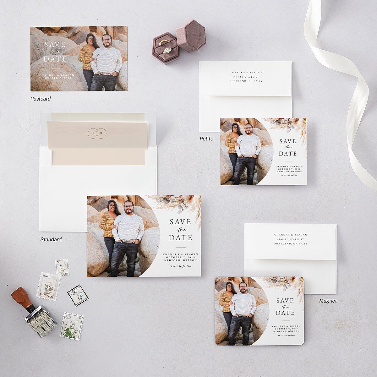 Bohemian Floral Hoop Save the Date Petite Cards Camel Signature smooth Blank No Standard