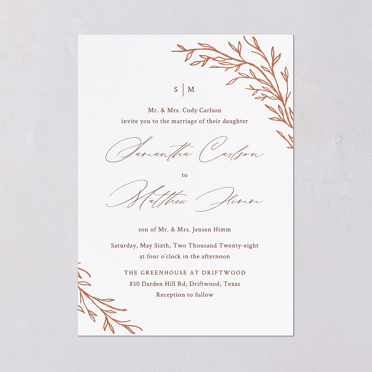 Rustic Branches Wedding Invitations Terracotta Signature Blank No Standard