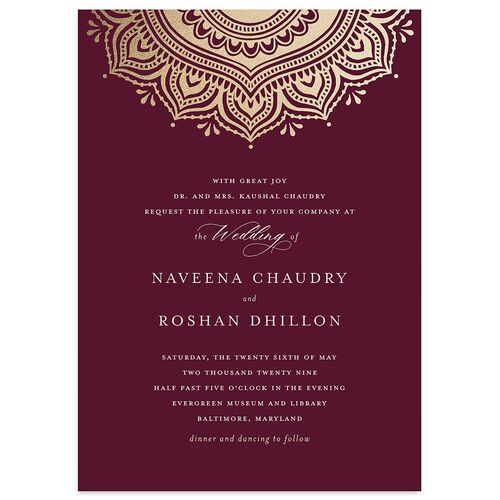 Indian Gilded Adornment Wedding Invitations Gold Burgundy Signature Blank No Standard