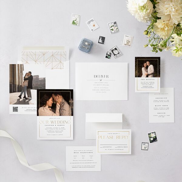 Elegant Frame Wedding Invitations Gold Pure White Signature Blank No Standard