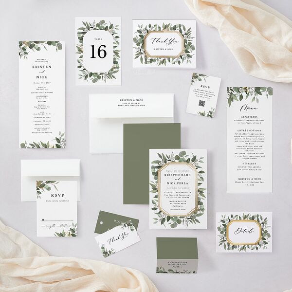 Eucalyptus Frame Foil Wedding Invitations Gold Pure White Signature Blank No Standard